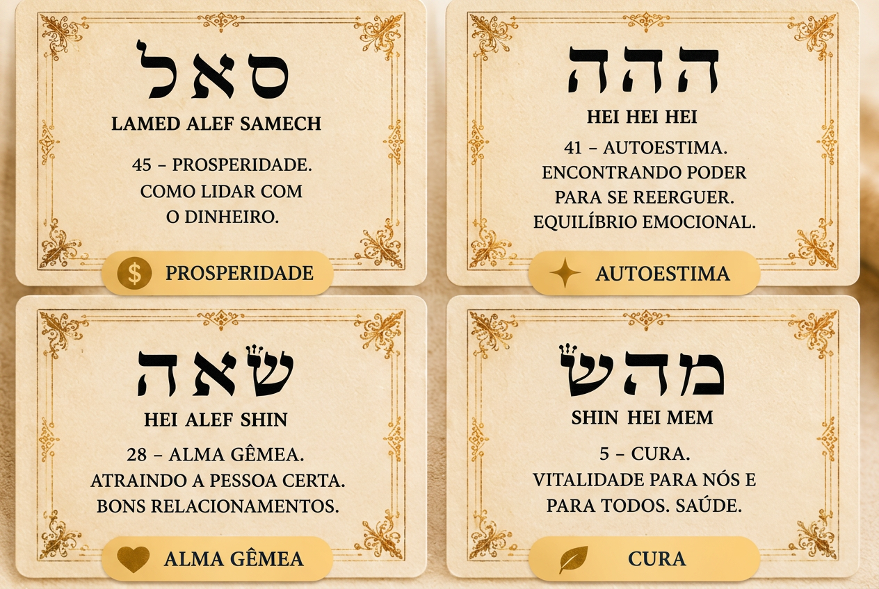 Exemplos de cartas: Prosperidade, Autoestima, Alma Gêmea e Cura